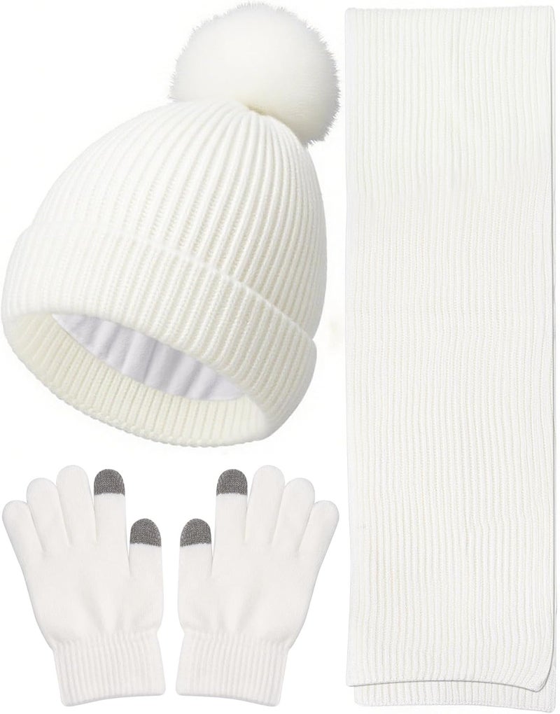 Wandx Kids Winter Hat Gloves Scarf Set Children Pompom Knit Beanie Warm Gloves with Thick Fleece for Boys Girls Ages 4-12 - Image 1
